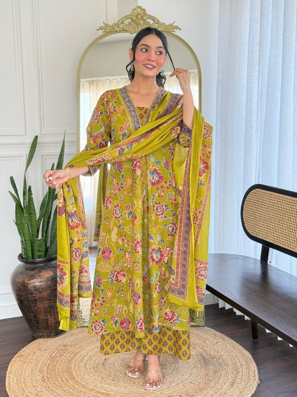 Lime Green Floral Printed Suit Set