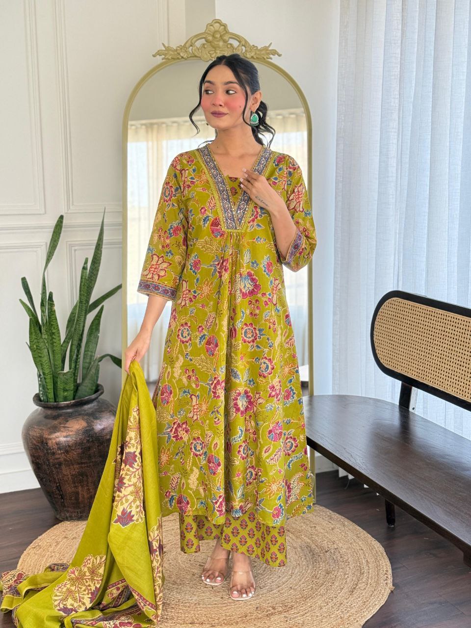 Lime Green Floral Printed Suit Set