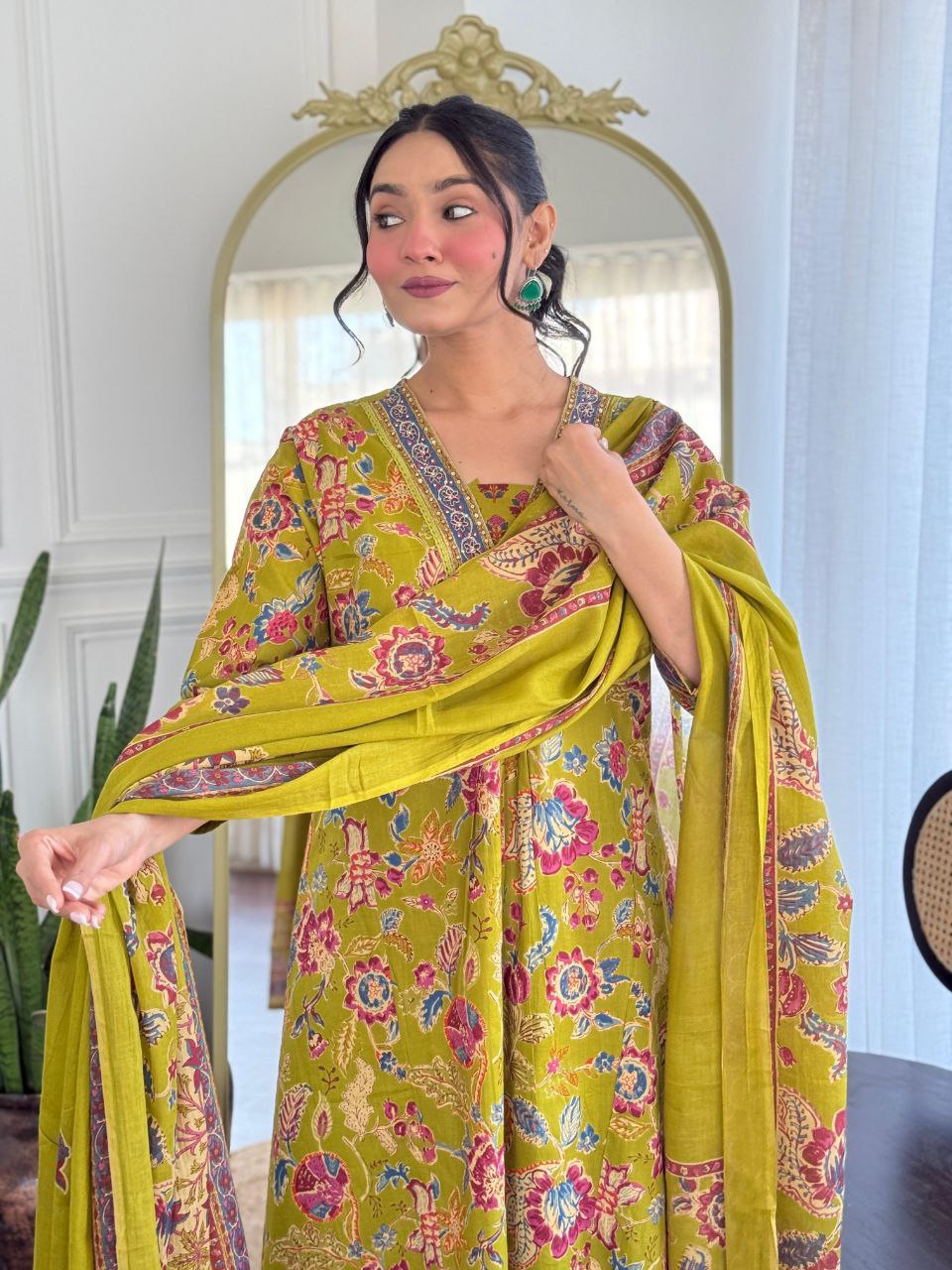 Lime Green Floral Printed Suit Set