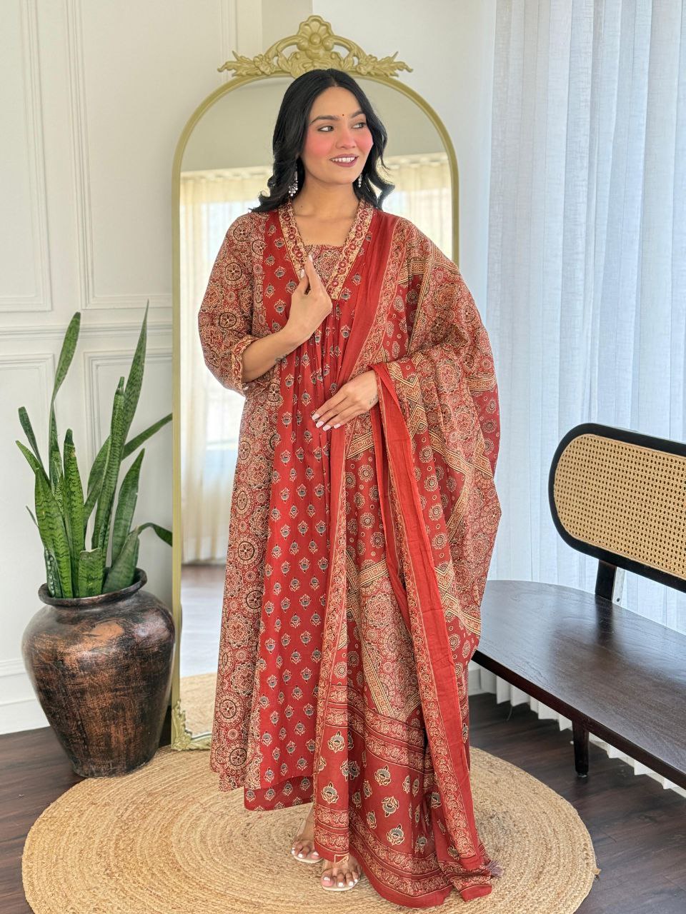 Red Printed Straight Kurti