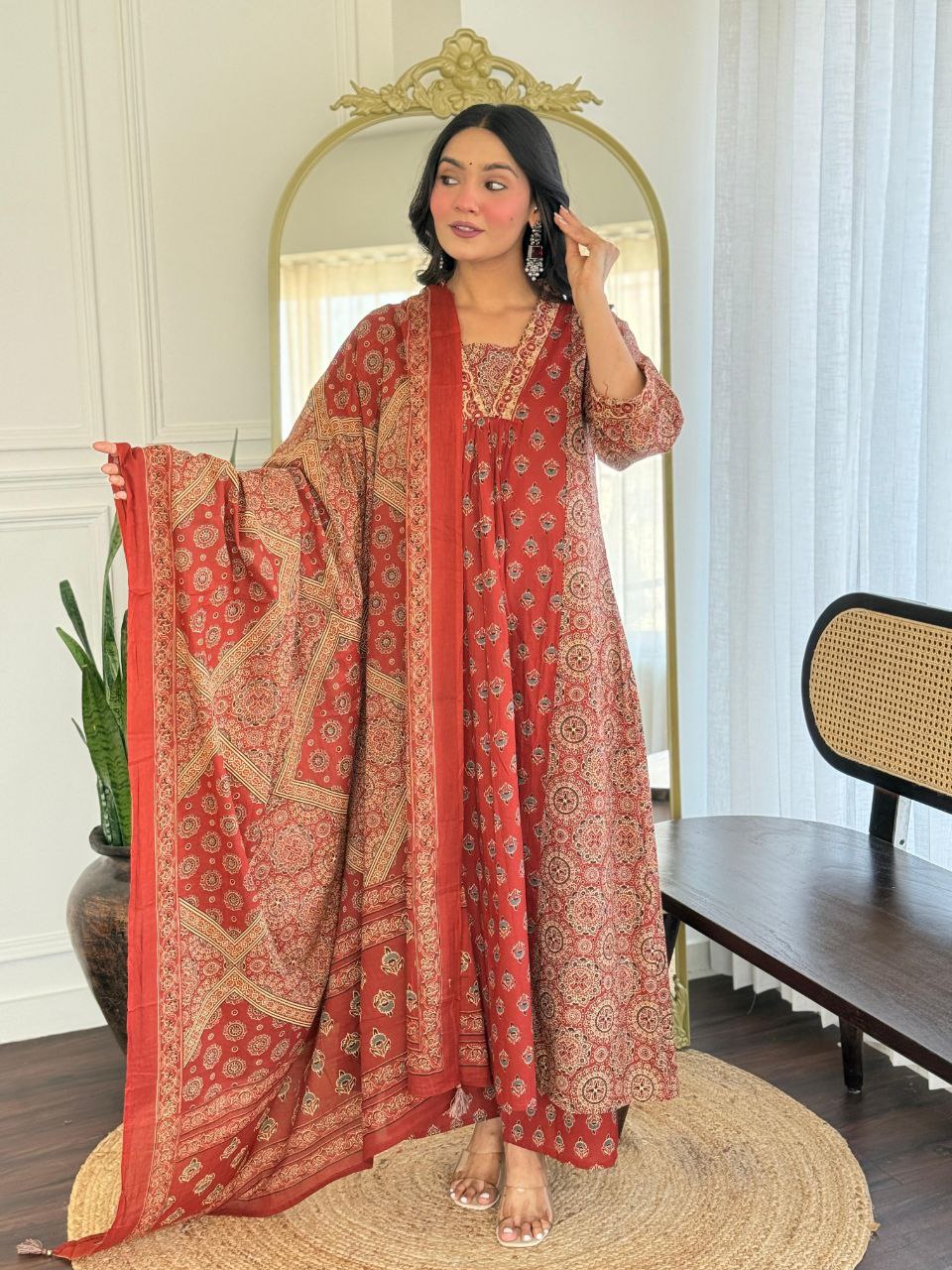 Red Printed Straight Kurti