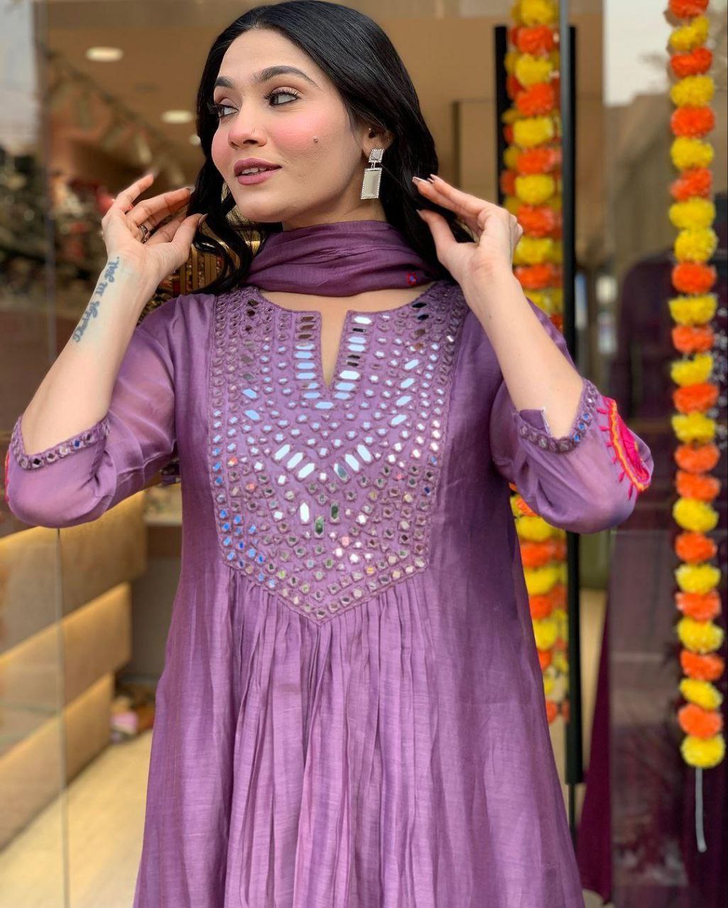 Lavender Embroidered Kurti Set
