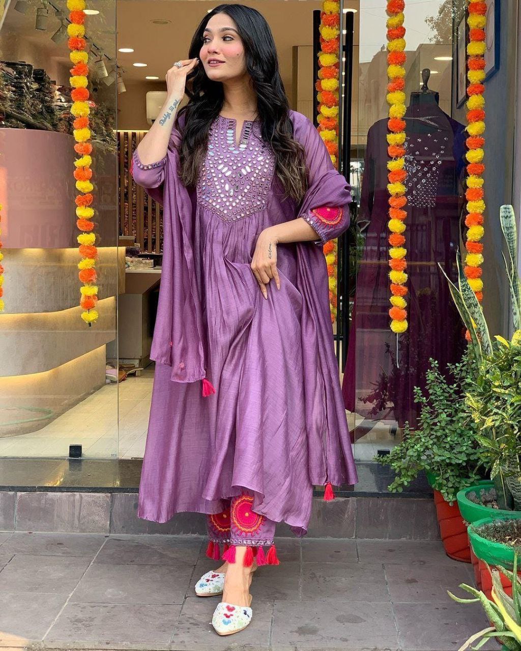 Lavender Embroidered Kurti Set