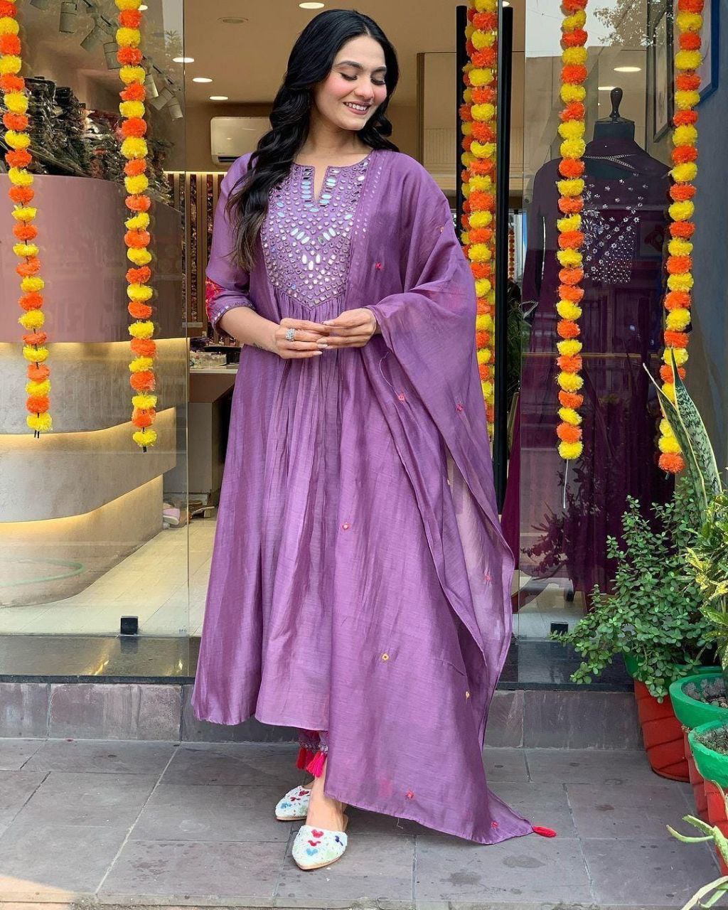 Lavender Embroidered Kurti Set