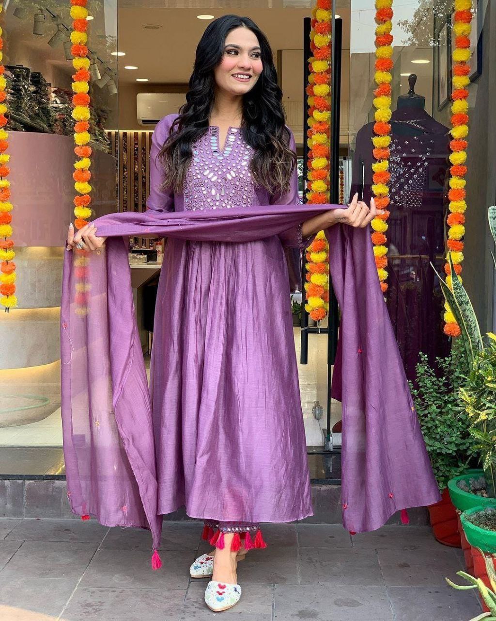 Lavender Embroidered Kurti Set