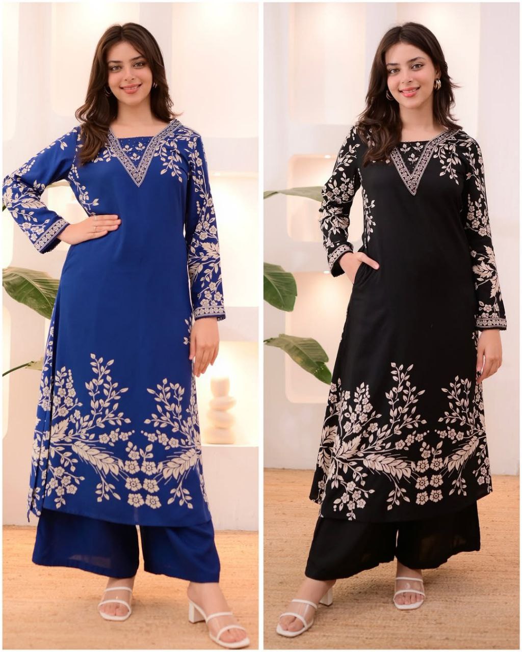 Royal Blue,Black Embroidered Kurti Pant Set