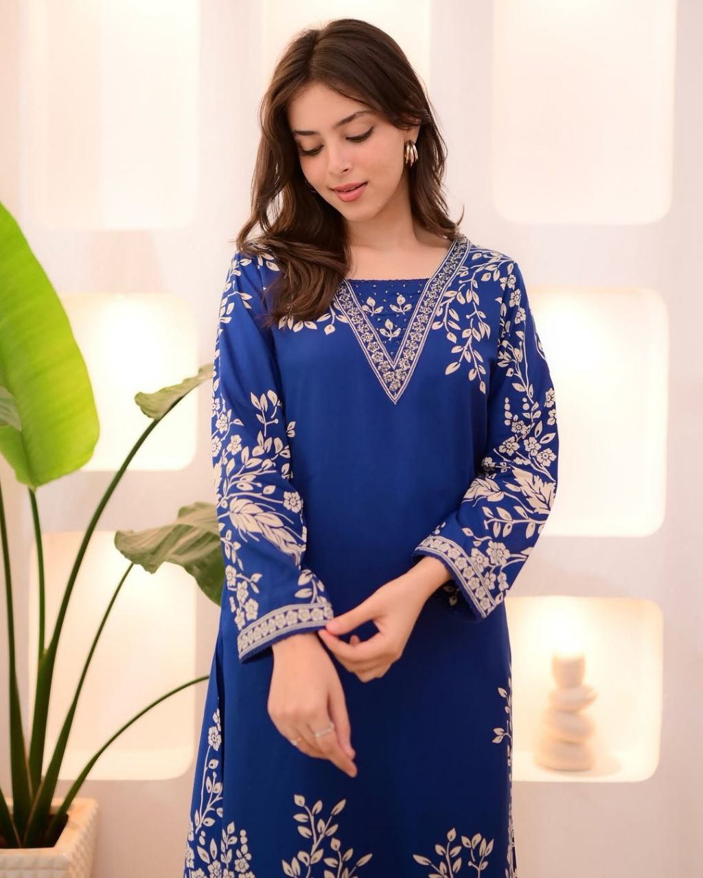 Royal Blue,Black Embroidered Kurti Pant Set