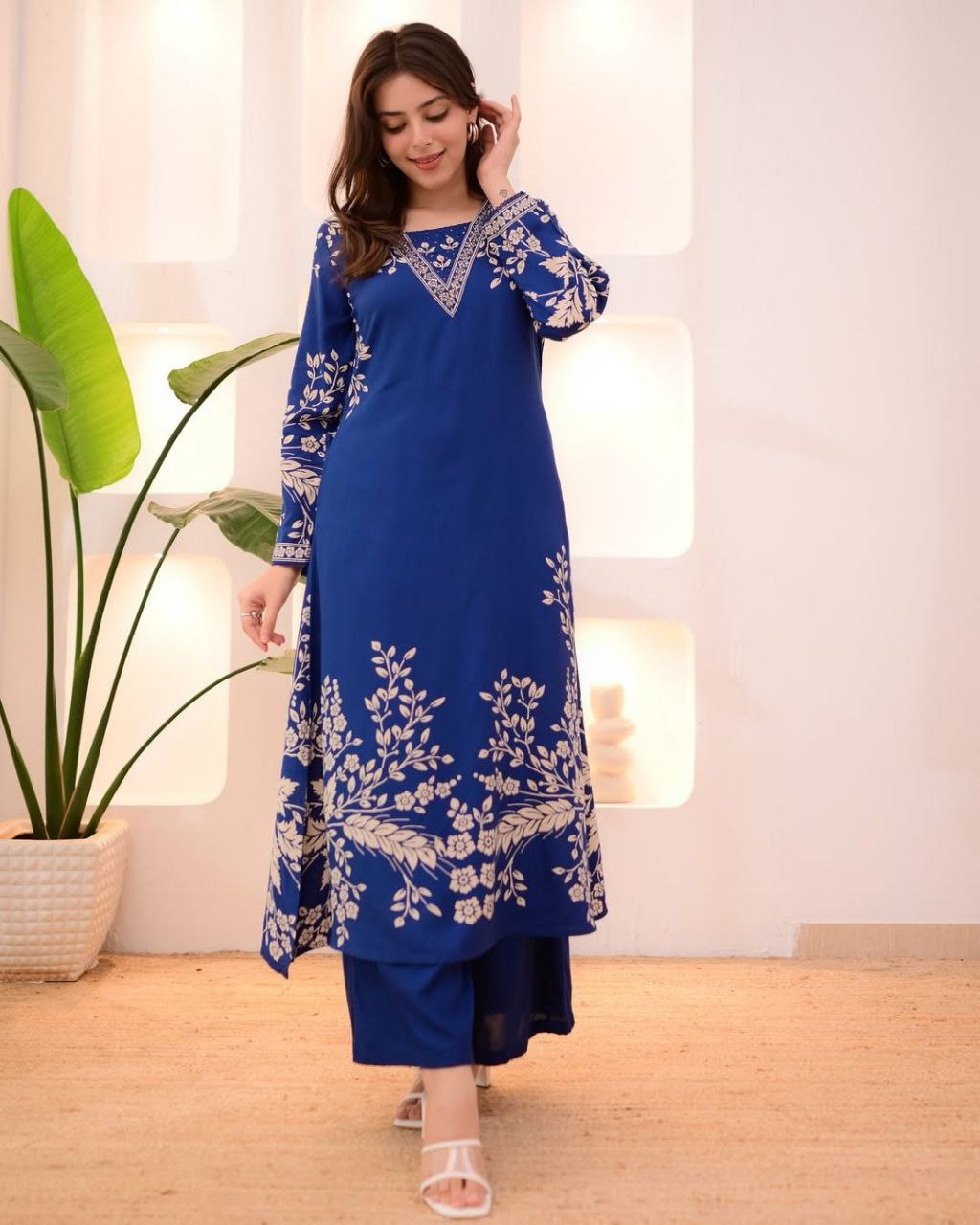 Royal Blue,Black Embroidered Kurti Pant Set