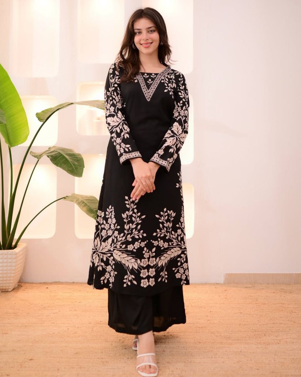 Royal Blue,Black Embroidered Kurti Pant Set