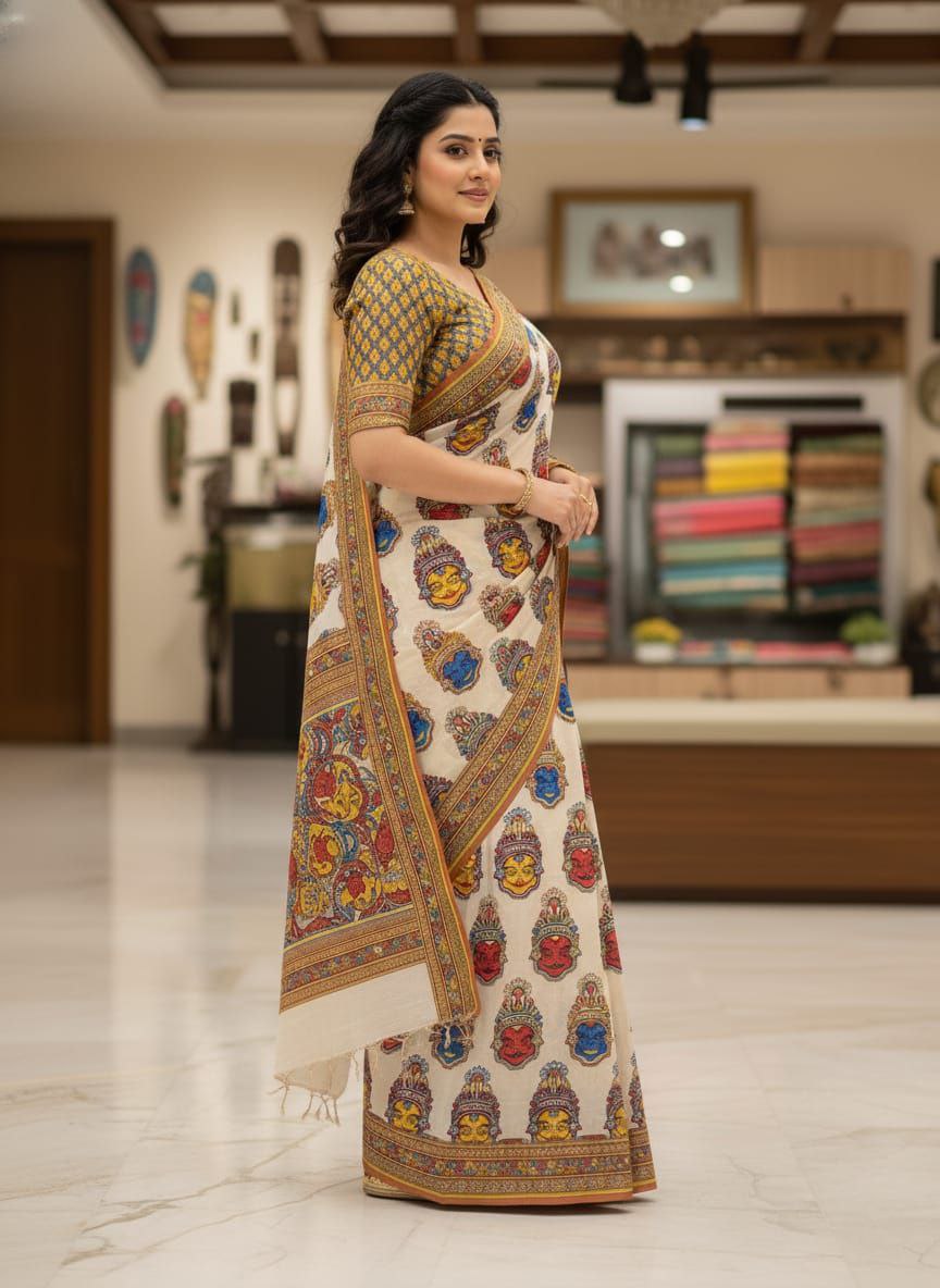 White Ethnic Printed Cotton Saree