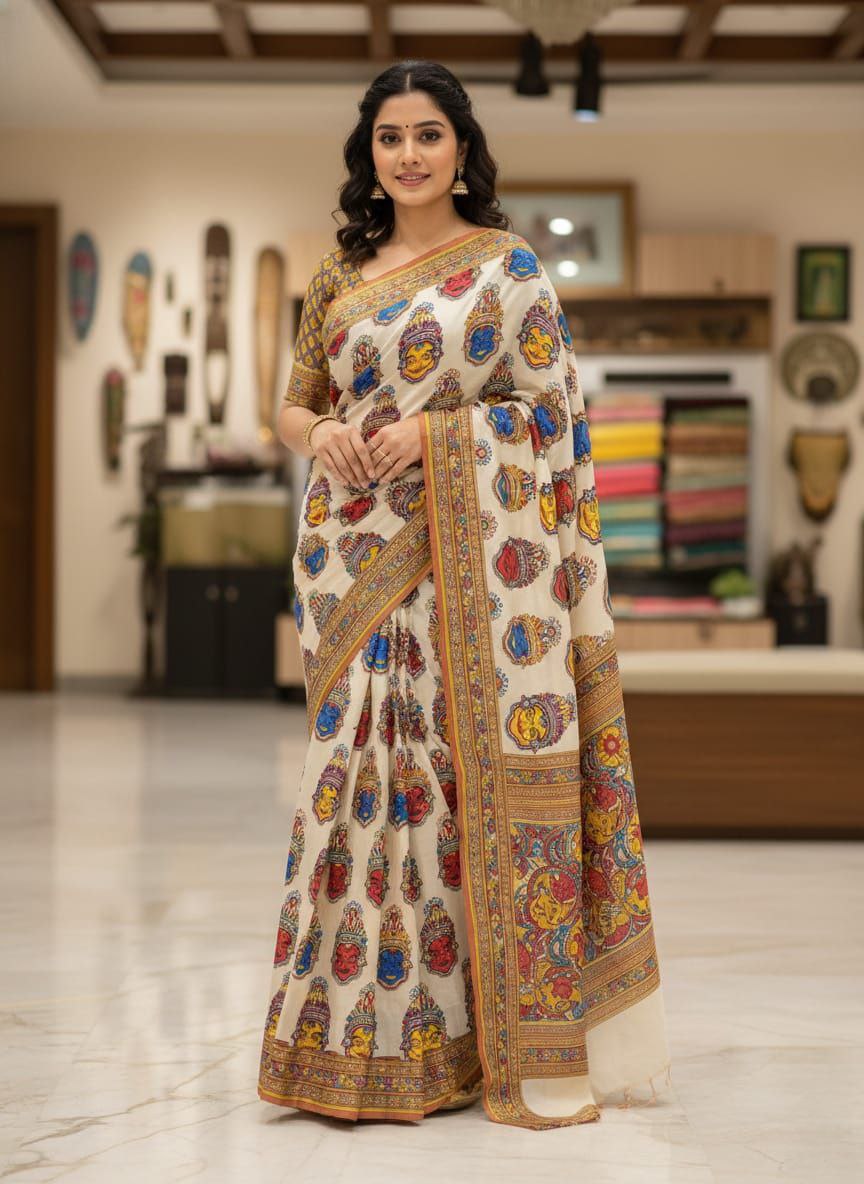 White Ethnic Printed Cotton Saree