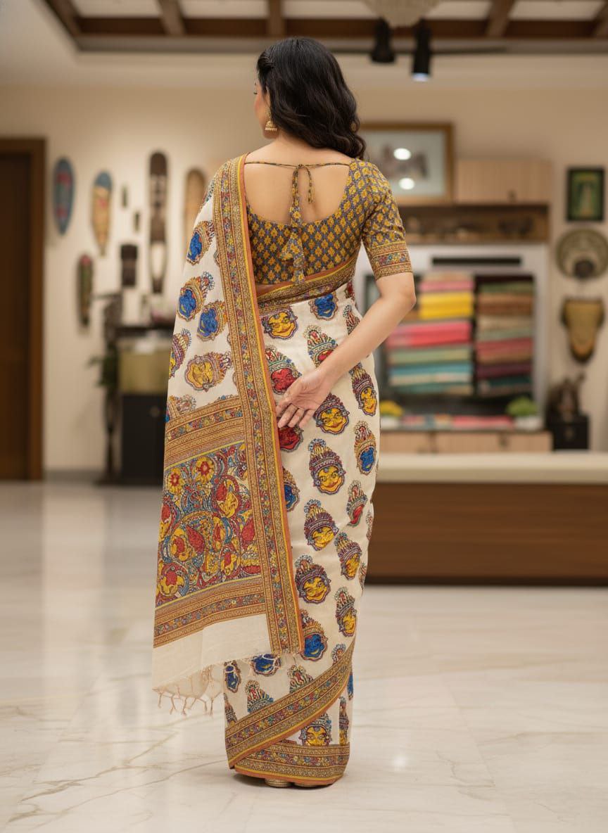 White Ethnic Printed Cotton Saree