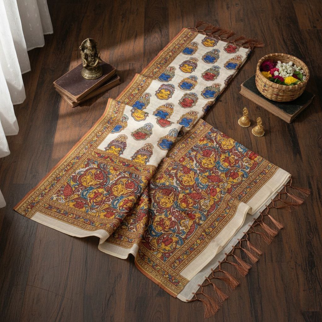 White Ethnic Printed Cotton Saree