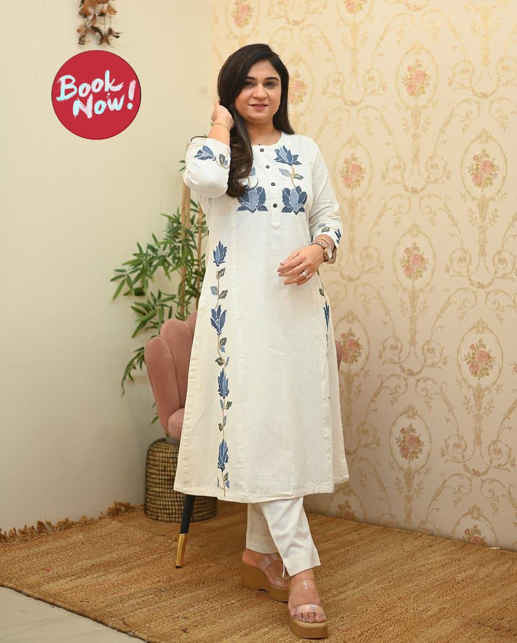 White Floral Printed Kurti Set
