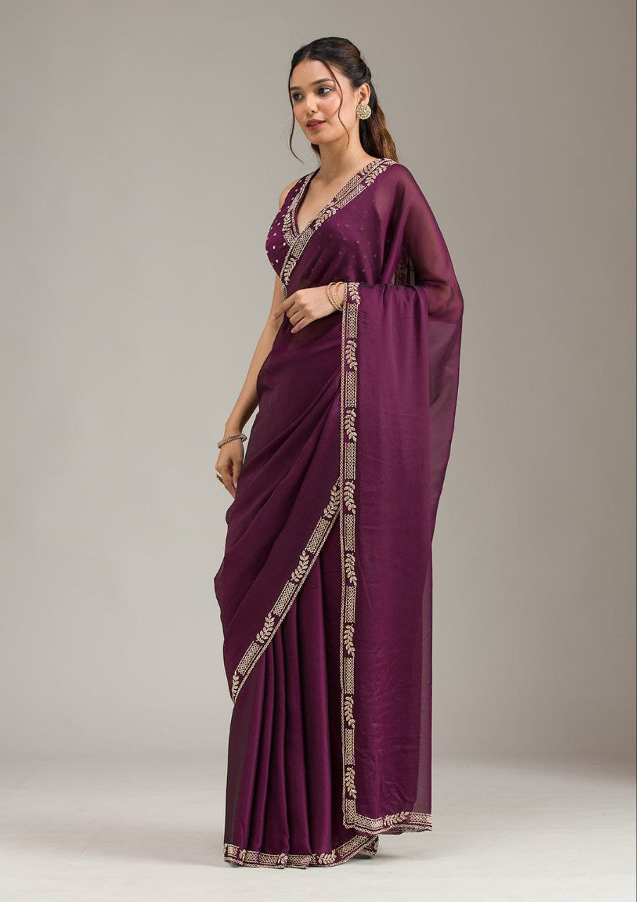 Wine Purple & Black Designer Party Wear Saree