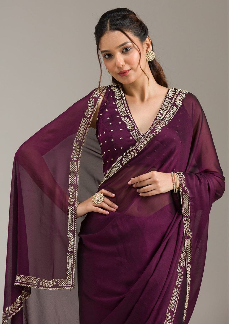 Wine Purple & Black Designer Party Wear Saree