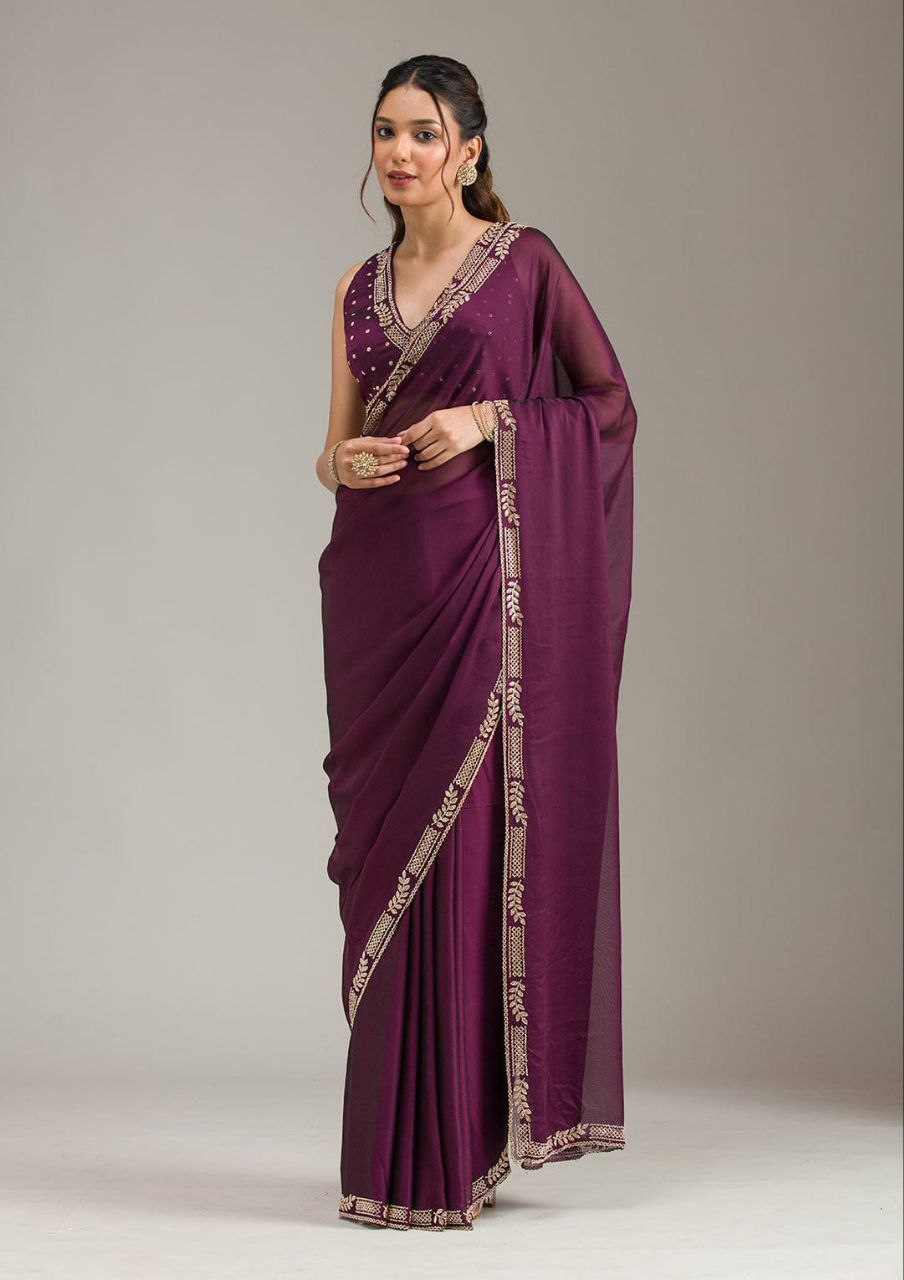 Wine Purple & Black Designer Party Wear Saree