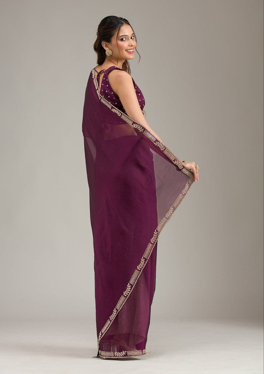 Wine Purple & Black Designer Party Wear Saree