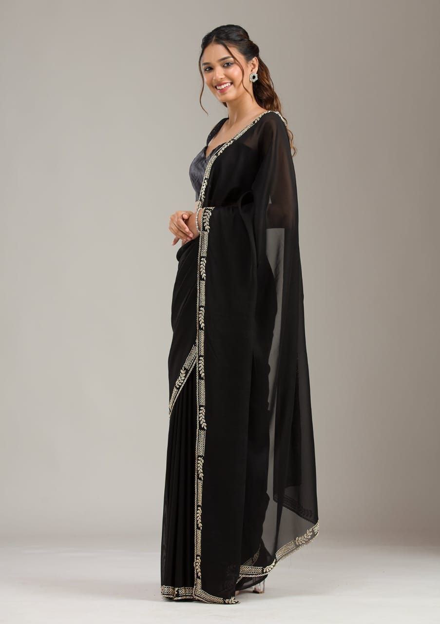 Wine Purple & Black Designer Party Wear Saree