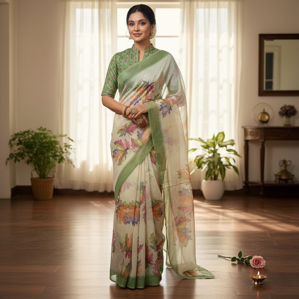 Pastel Green Floral Printed Linen Saree
