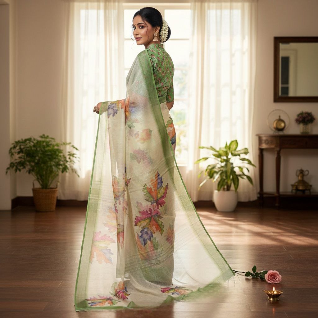 Pastel Green Floral Printed Linen Saree