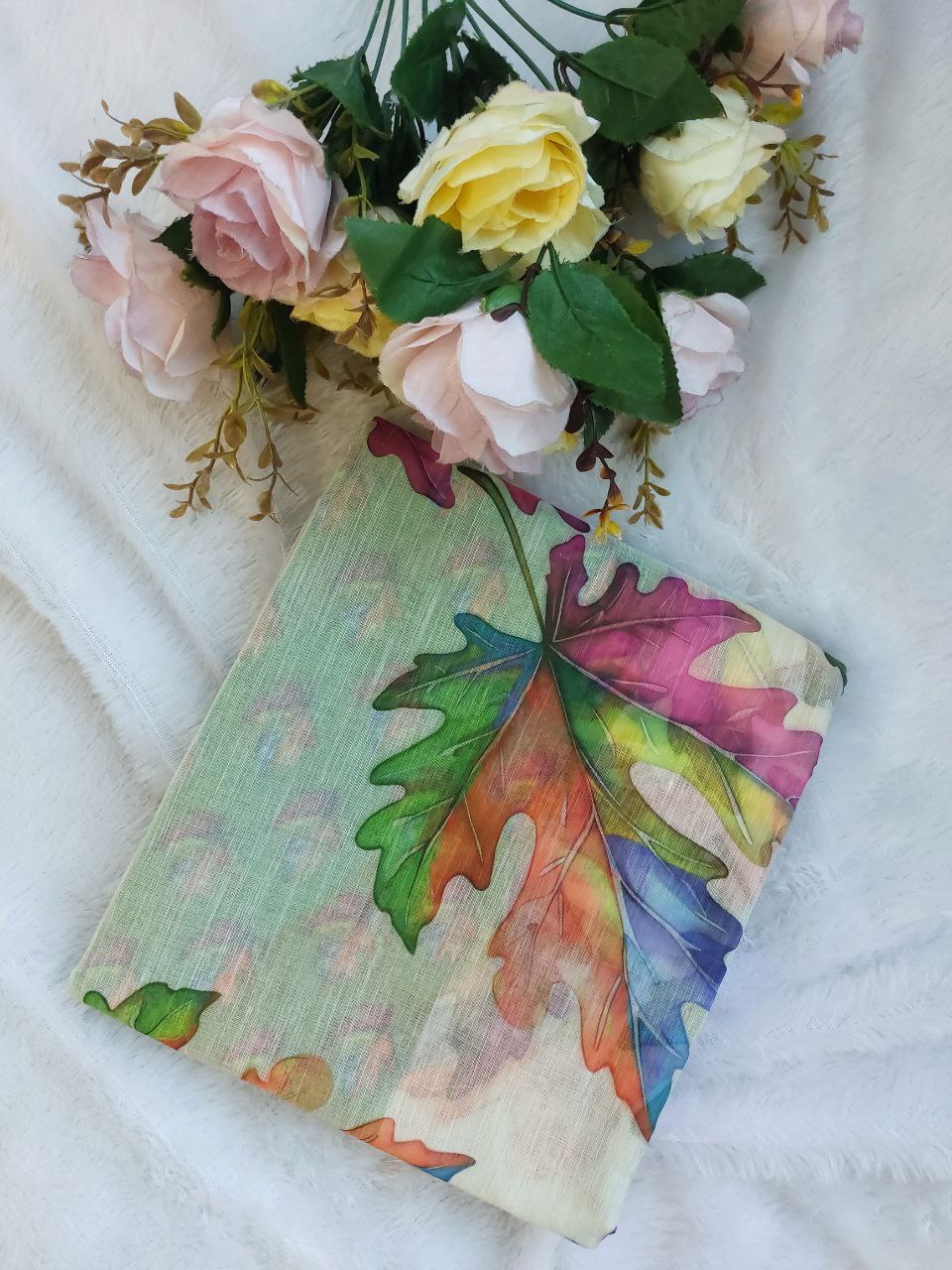 Pastel Green Floral Printed Linen Saree