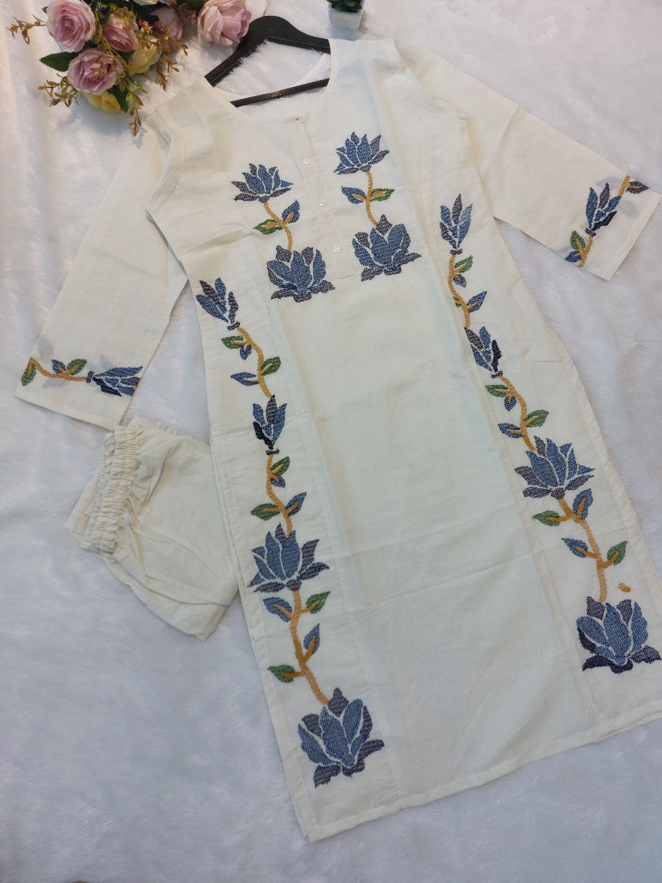 White Floral Printed Kurti Set