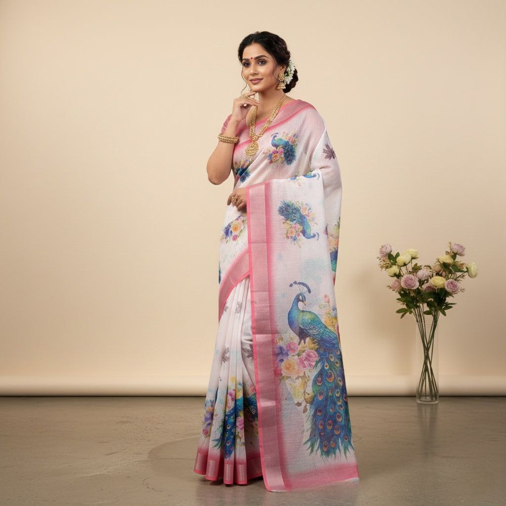 Pink Peacock Print Organza Saree With Floral Digital Design
