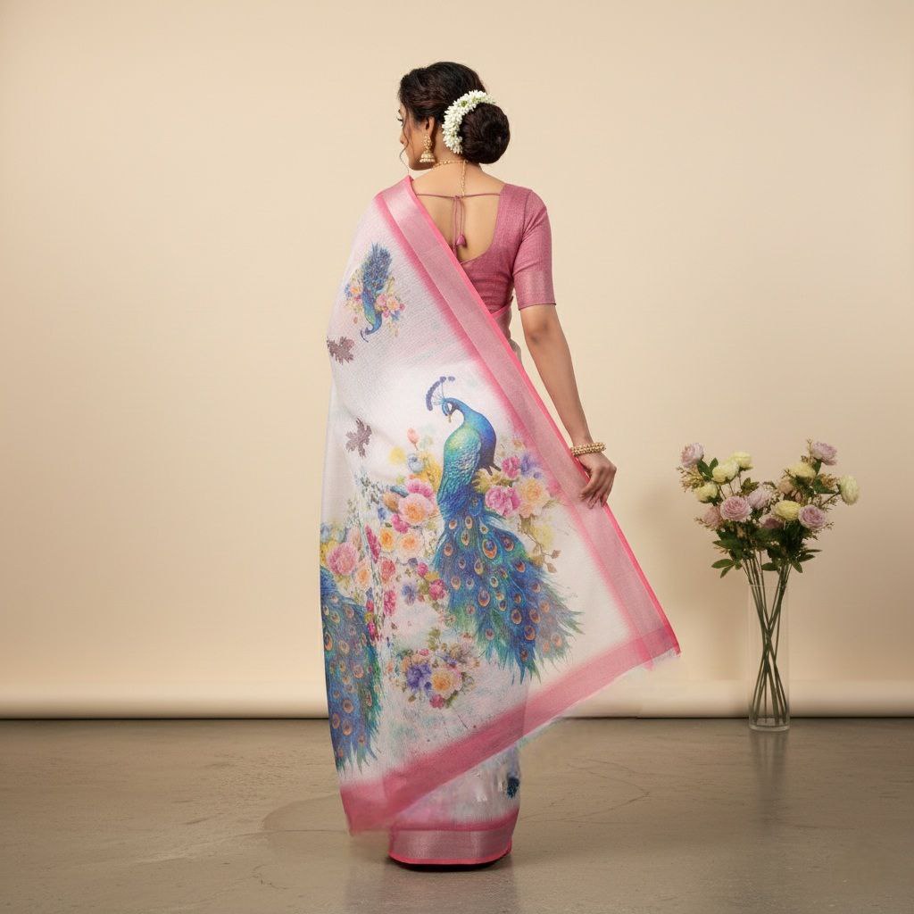 Pink Peacock Print Organza Saree With Floral Digital Design