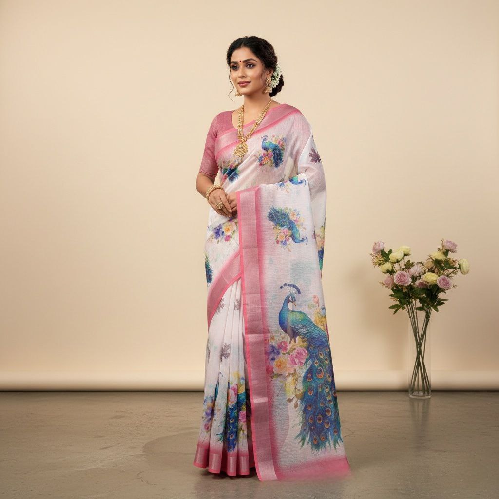 Pink Peacock Print Organza Saree With Floral Digital Design