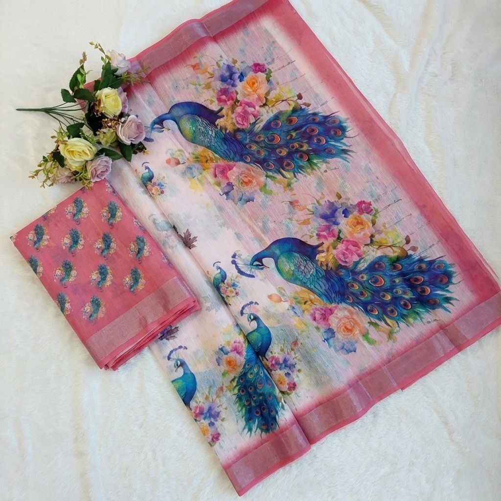 Pink Peacock Print Organza Saree With Floral Digital Design