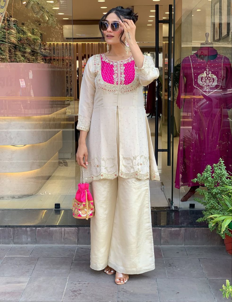 Ivory White, Purple, Pink  Embroidered Kurta Pant Set