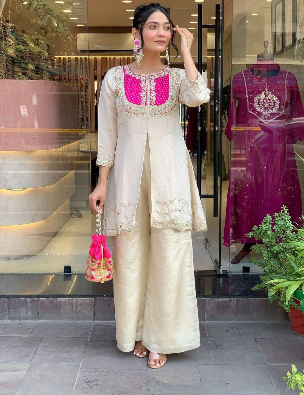 Ivory White, Purple, Pink  Embroidered Kurta Pant Set