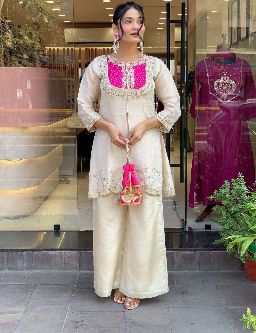Ivory White, Purple, Pink  Embroidered Kurta Pant Set