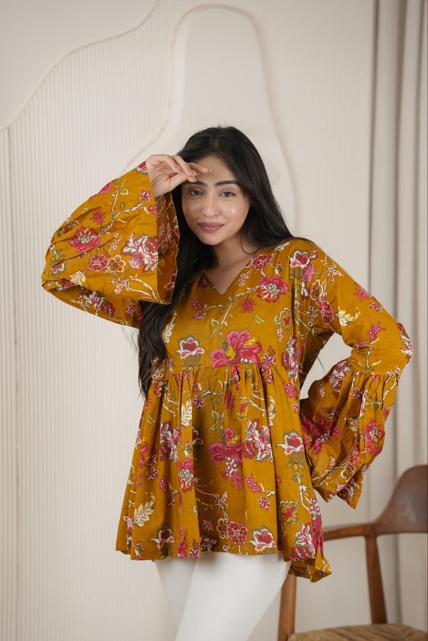 Mustard Floral Bell Sleeve Peplum Top