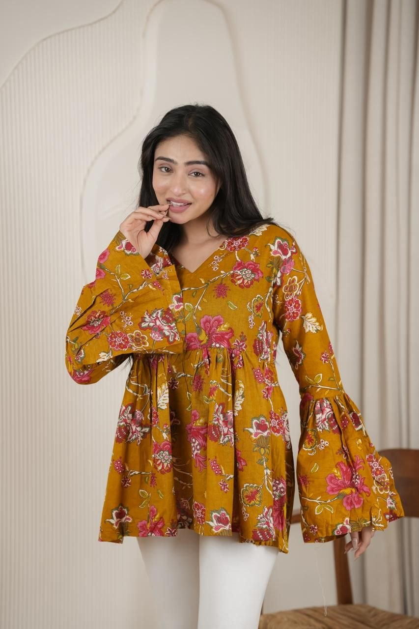Mustard Floral Bell Sleeve Peplum Top