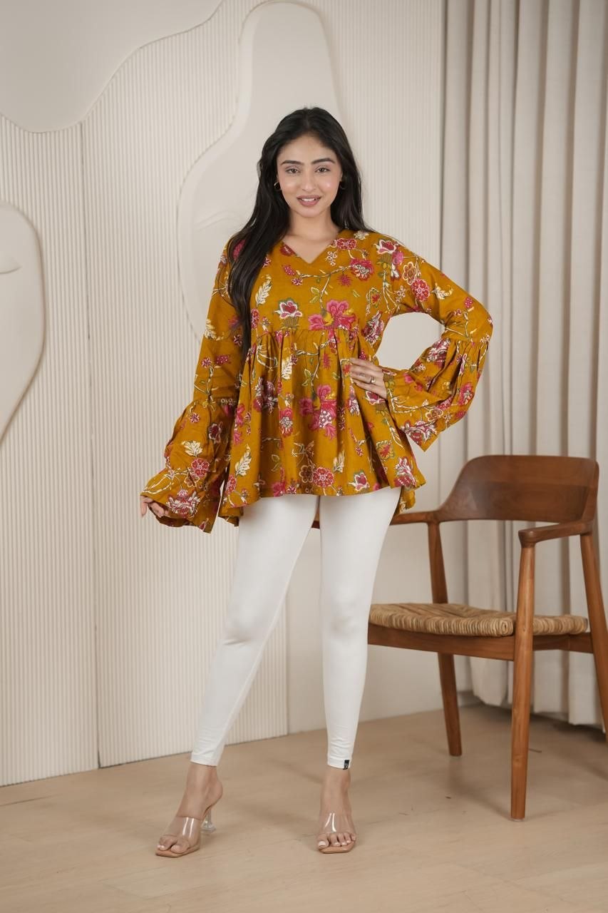 Mustard Floral Bell Sleeve Peplum Top