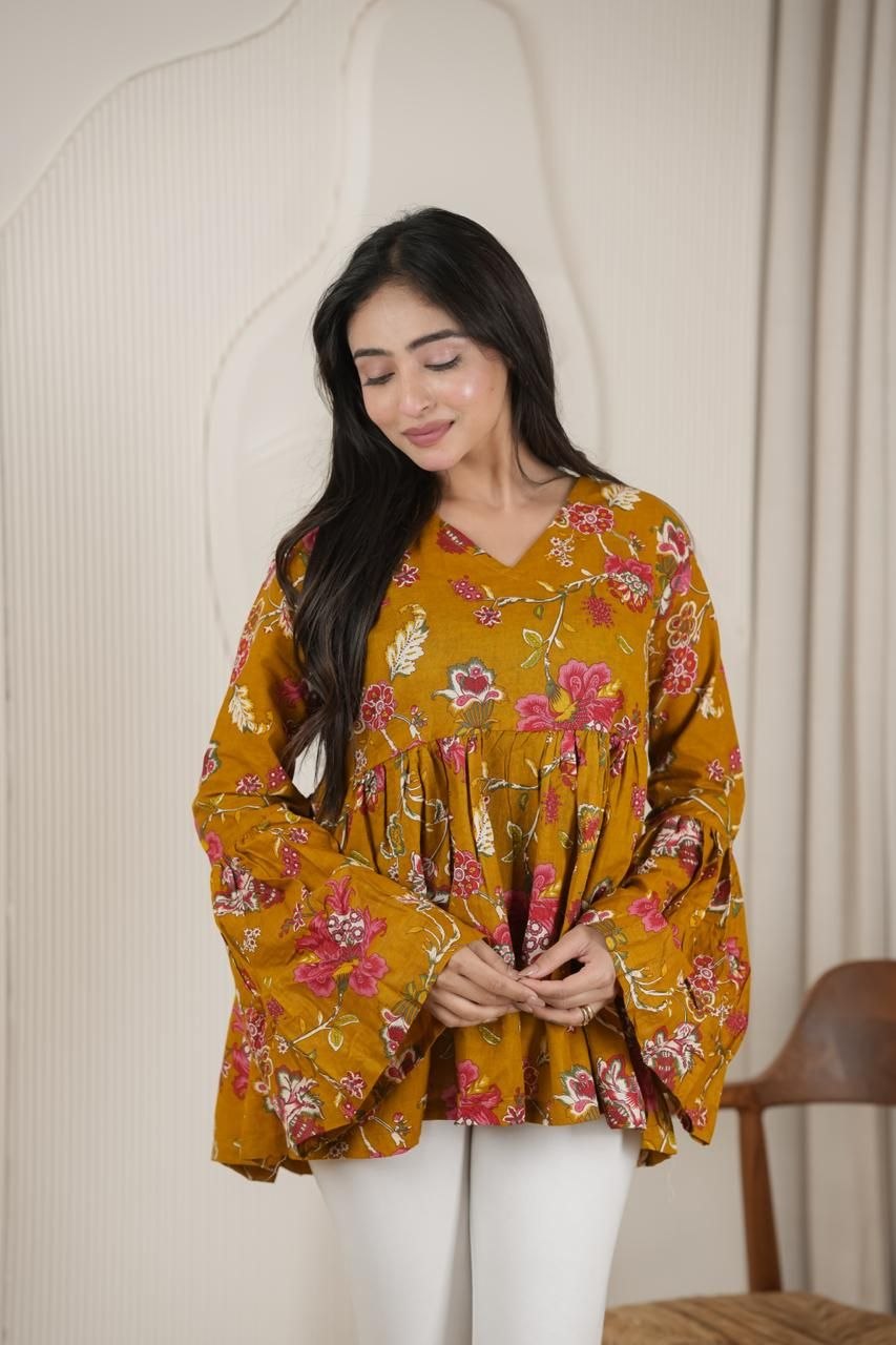 Mustard Floral Bell Sleeve Peplum Top
