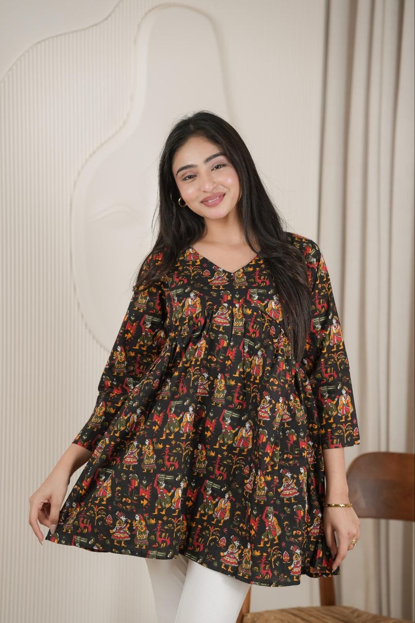 Black Ethnic Floral Printed Short Kurti