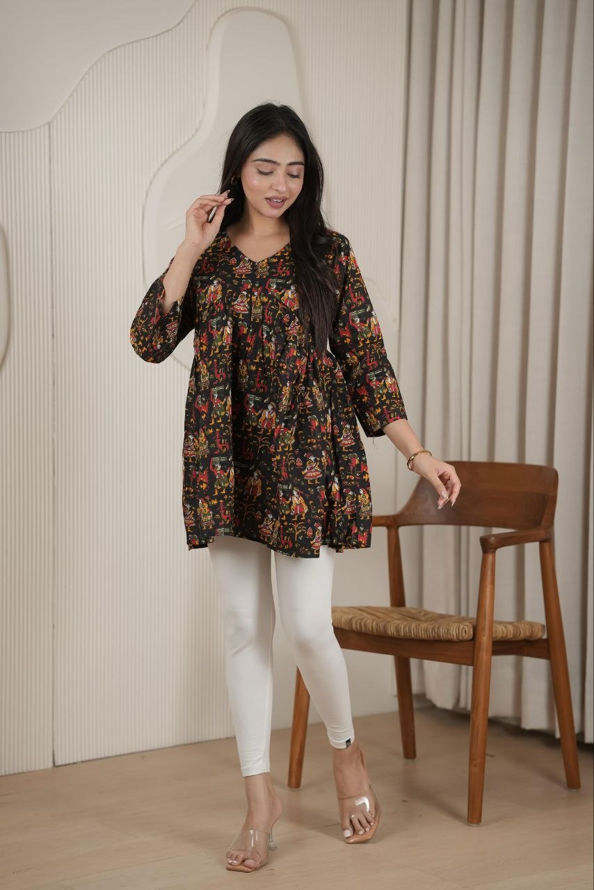 Black Ethnic Floral Printed Short Kurti