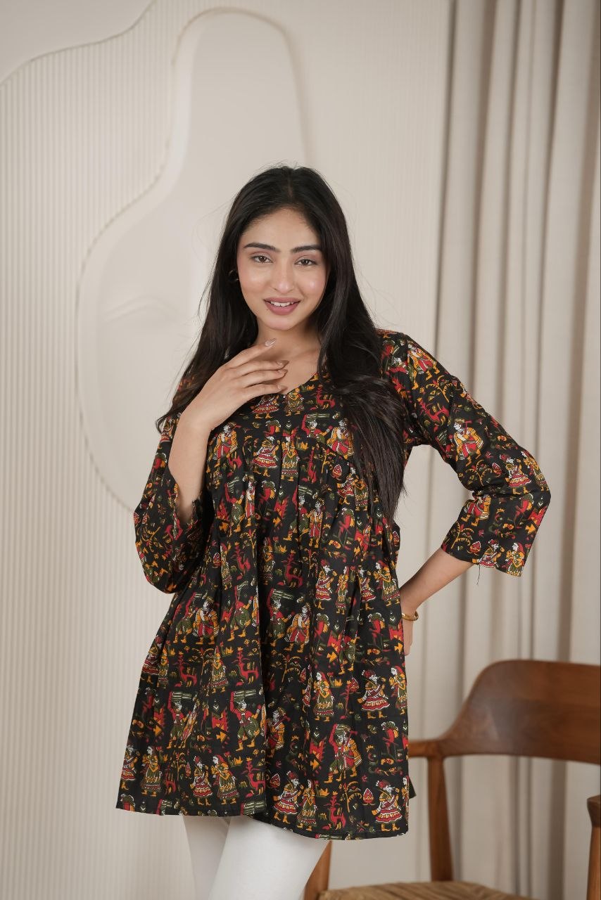 Black Ethnic Floral Printed Short Kurti