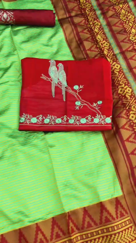 Green Red Traditional Cotton Silk Saree