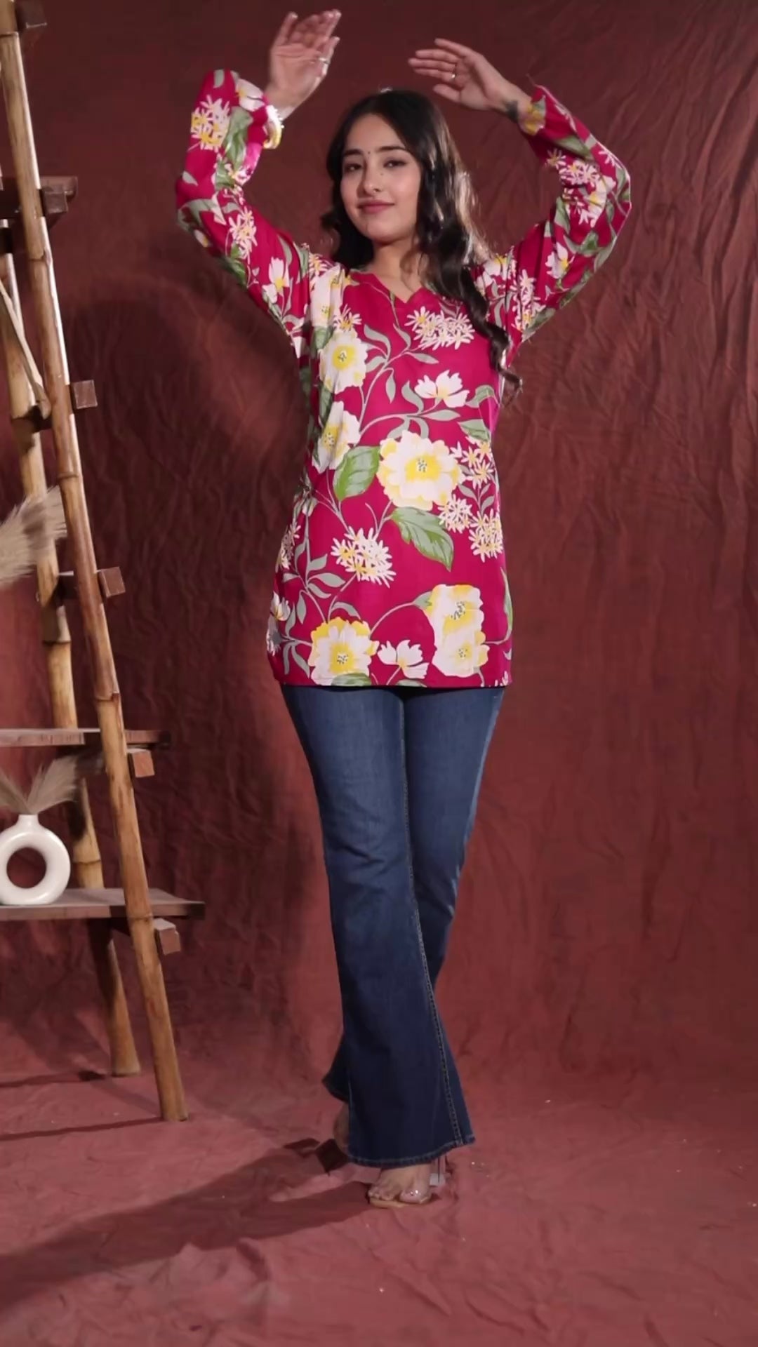 Navy Blue Floral Printed Straight Kurti