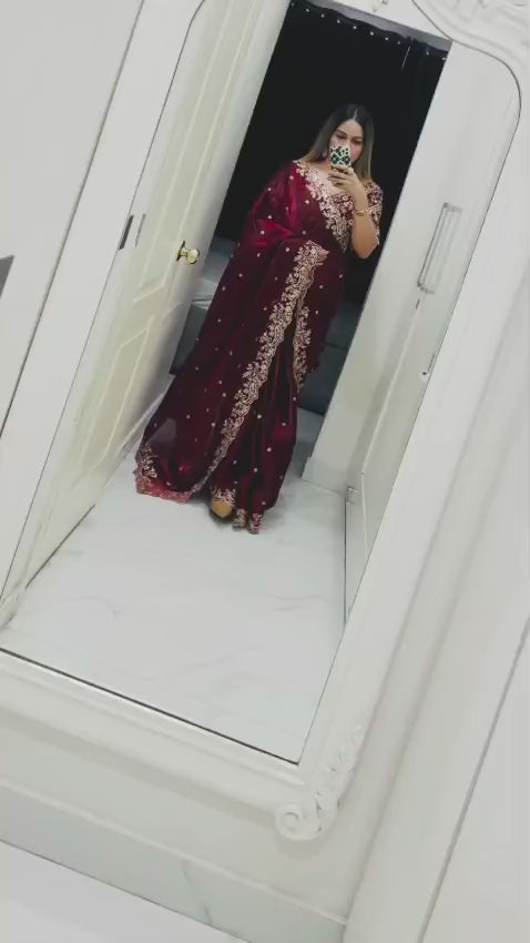 Hot Pink, Maroon, Red, Green, Purple,Blue Party Wear Saree With Heavy Stone Border Design