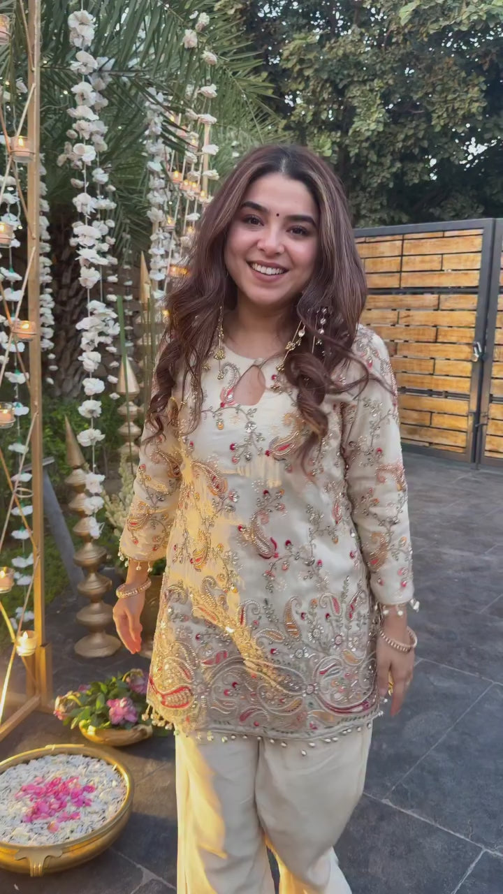 Cream Embroidered Kurta Pant Set
