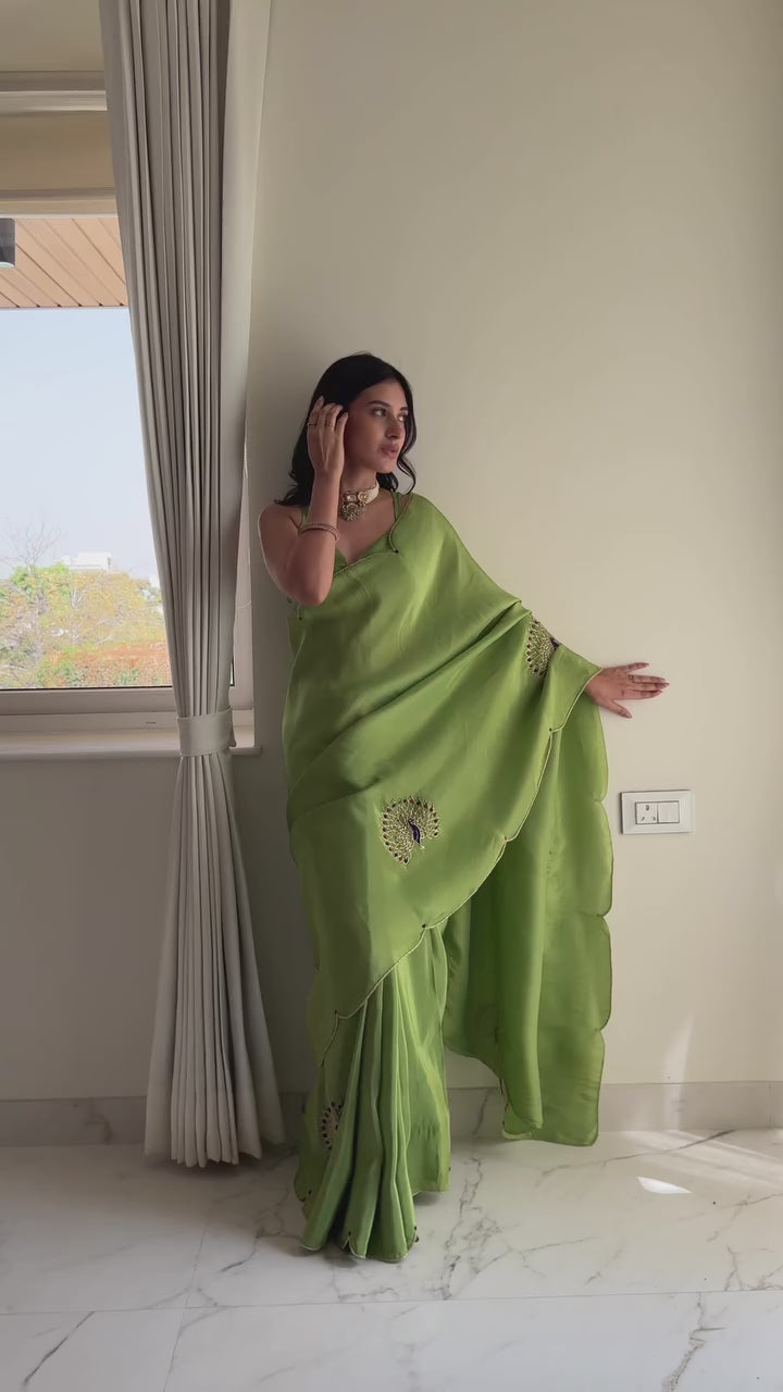 Lime Green Traditional Saree With Elegant Minimal Border