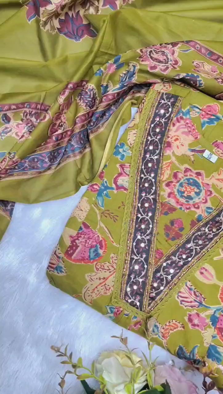 Lime Green Floral Printed Suit Set