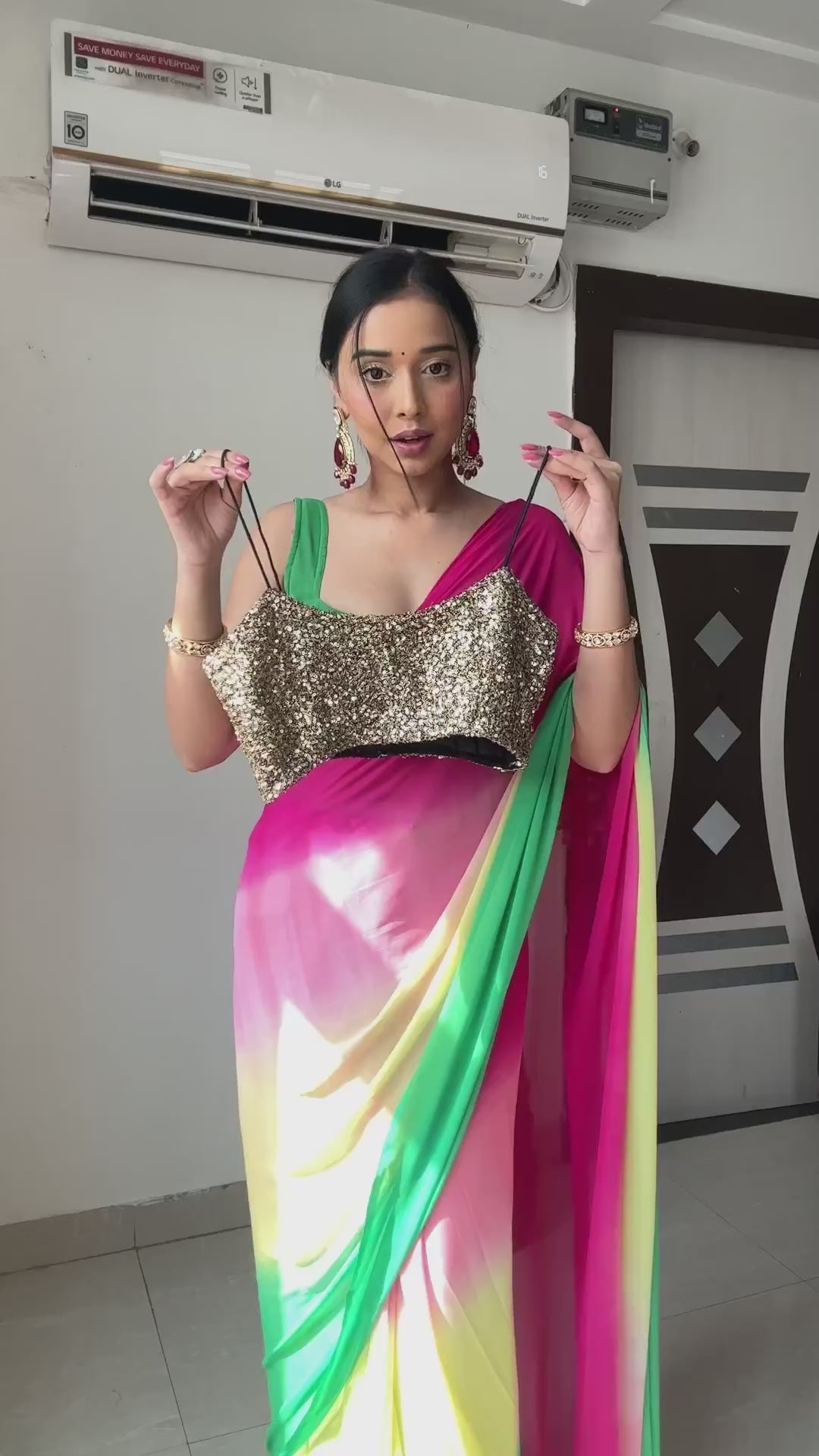 Ready To Wear Georgette Pink and Aqua Designer Saree