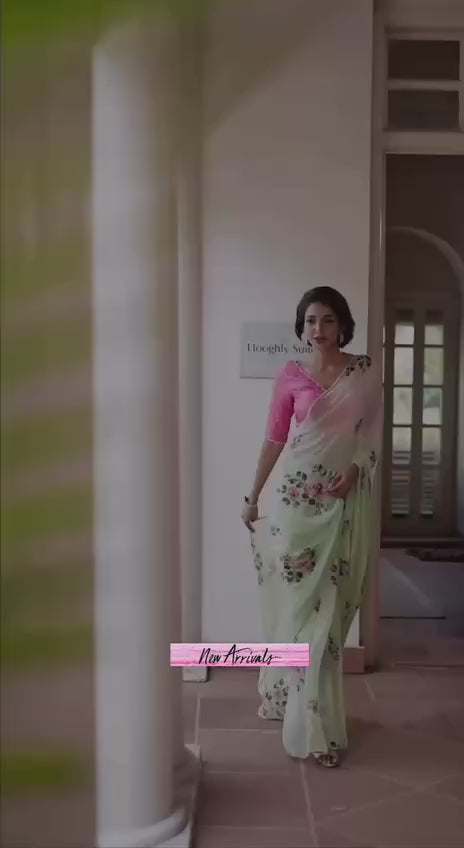 Mint Green Floral Saree With Elegant Printed Design
