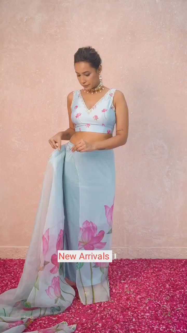 Emerald Green, Pink, White, Yellow, Blue Floral Printed Saree